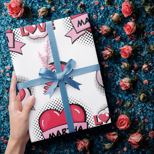 Individuelle Name Comic Buch Style Herzgeschenke Geschenkpapier