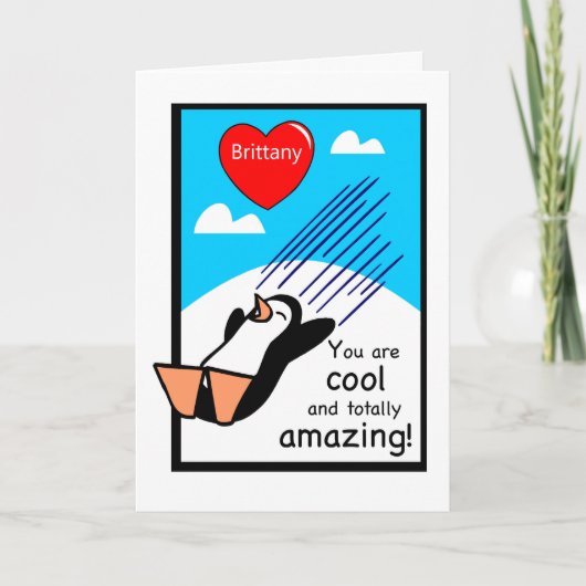 Individuelle Name Cool Valentine Penguin Karte (Vorderseite)