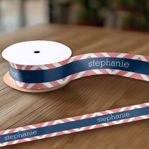 Individuelle Name Coral and Navy Blue Chevrons Satinband