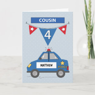 Individuelle Name Cousin 4. Geburtstag Blaue Poliz Karte