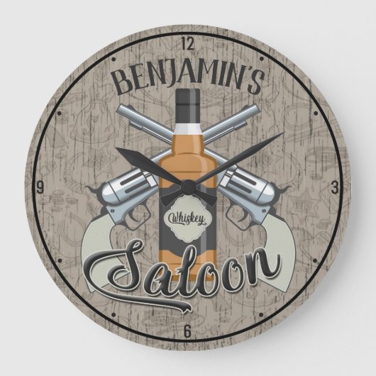 Individuelle Name Cowboy Revolver Gun Whiskey Salo Große Wanduhr (Vorderseite)