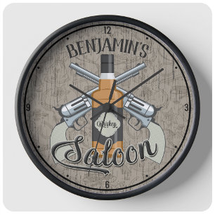 Individuelle Name Cowboy Revolver Gun Whiskey Salo Große Wanduhr