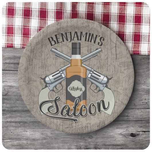 Individuelle Name Cowboy Revolver Gun Whiskey Salo Pappteller