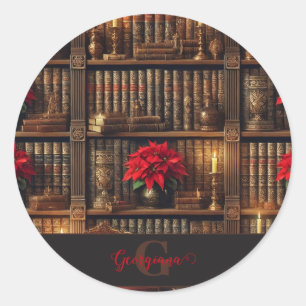 Individuelle Name Dark Academia Poinsettia Bibliot Runder Aufkleber