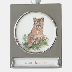 Individuelle Name Datum Cougar, Löwe Wasserfarbe Banner-Ornament Silber