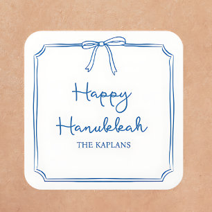 Individuelle Name Elegant Blue Bow Hanukkah GIft Quadratischer Aufkleber