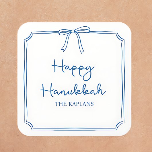 Individuelle Name Elegant Blue Bow Hanukkah GIft Quadratischer Aufkleber