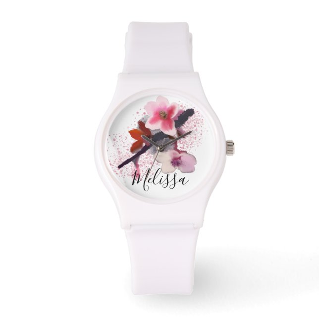Individuelle Name | Eleganter Chic Pink Cherry Blo Armbanduhr (Vorderseite)