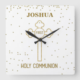 Individuelle Name Erste heilige Kommunion Gold Loo Quadratische Wanduhr