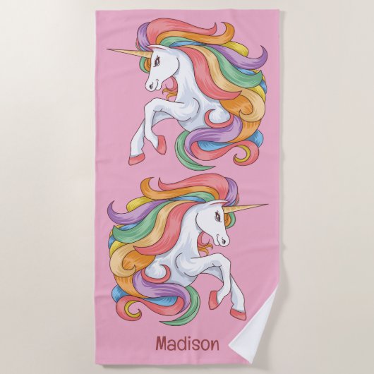 Individuelle Name Farbenfrohe Einhorn Strandtuch (Vorderseite)