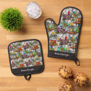 Individuelle Name Farbiges Hiphop-Muster Ofenhandschuh & Topflappen-Set