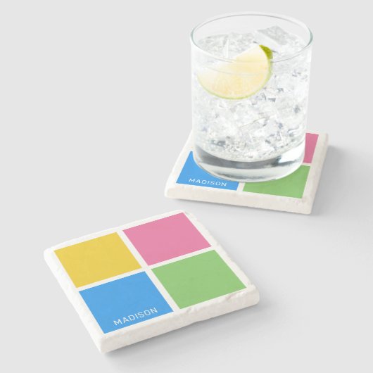 Individuelle Name-Farbquadrate Steinuntersetzer (Seitenansicht)