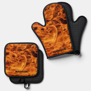 Individuelle Name Feuer Flammen Ofenhandschuh & Topflappen-Set