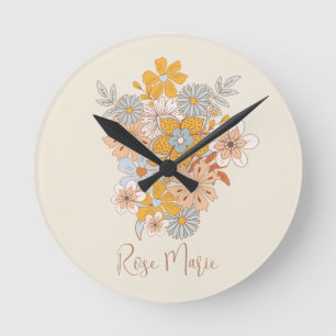 Individuelle Name Floral Boho Kinderzimmer Runde Wanduhr