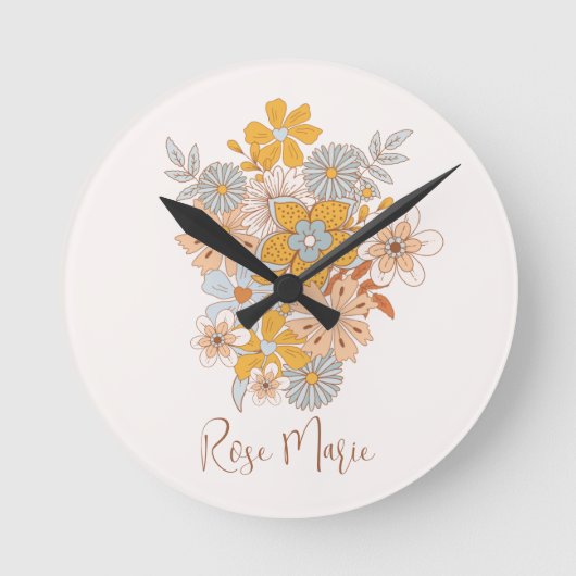 Individuelle Name Floral Boho Kinderzimmer Runde Wanduhr (Vorderseite)