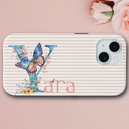 Individuelle Name | Floral Butterfly Initial Blue, Case-Mate iPhone Hülle