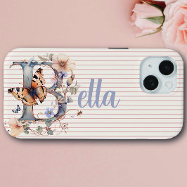 Individuelle Name | Floral Butterfly Initial Blue Case-Mate iPhone Hülle