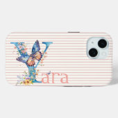 Individuelle Name | Floral Butterfly Initial Blue, Case-Mate iPhone Hülle (Rückseite (Horizontal))