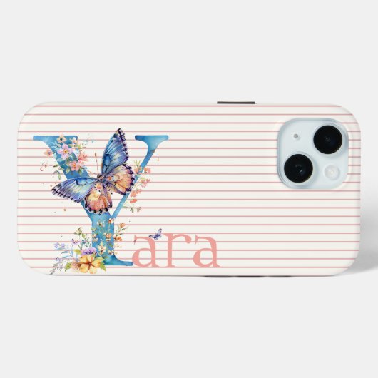 Individuelle Name | Floral Butterfly Initial Blue, Case-Mate iPhone Hülle (Rückseite (Horizontal))