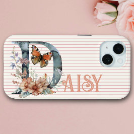 Individuelle Name | Floral Butterfly Initial Peach Case-Mate iPhone Hülle