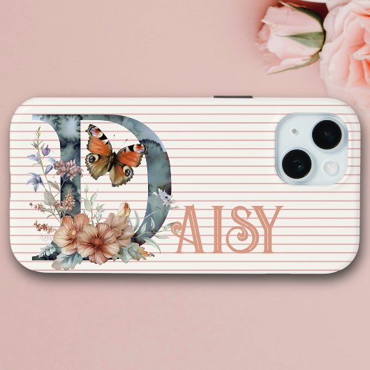 Individuelle Name | Floral Butterfly Initial Peach Case-Mate iPhone Hülle