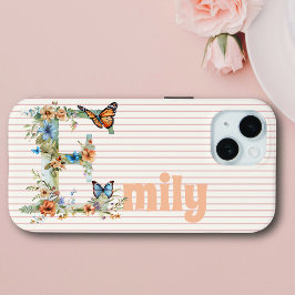 Individuelle Name | Floral Butterfly Initial Peach Case-Mate iPhone Hülle