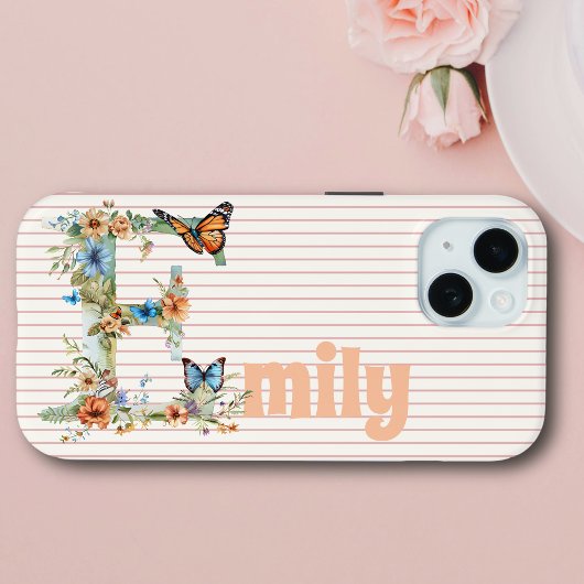 Individuelle Name | Floral Butterfly Initial Peach Case-Mate iPhone Hülle