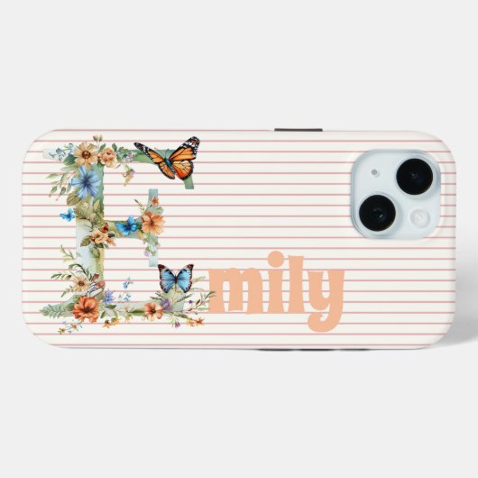 Individuelle Name | Floral Butterfly Initial Peach Case-Mate iPhone Hülle (Rückseite (Horizontal))