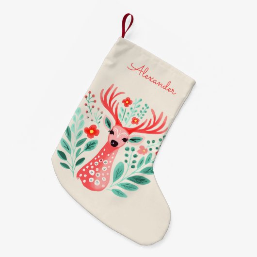 Individuelle Name Floral Reindeer Kleiner Weihnachtsstrumpf (Vorderansicht (hängend))