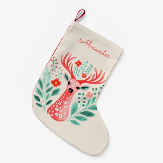 Individuelle Name Floral Reindeer Kleiner Weihnachtsstrumpf (Vorderansicht (hängend))