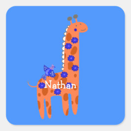 Individuelle Name Folk Giraffe Bird Orange Blue Quadratischer Aufkleber