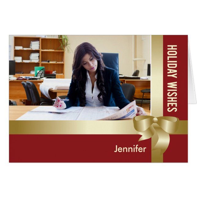 Individuelle Name & Foto Holiday Red, Gold Bow (Vorderseite (Horizontal))