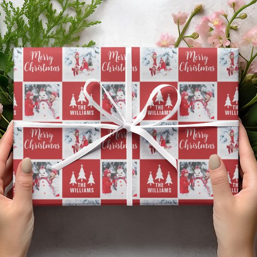 Individuelle Name Foto Muster Red Frohe Weihnachte Geschenkpapier