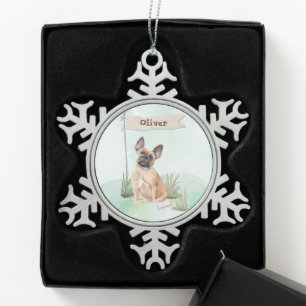 Individuelle Name Französischer Bulldogge Schneeflocken Zinn-Ornament
