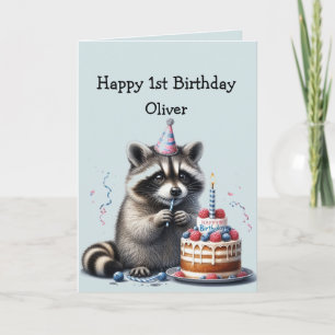 Individuelle Name Fun Raccoon 1. Geburtstag Karte