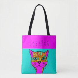 Individuelle Name Funky Colorful Cat Lila Aquamari Tasche