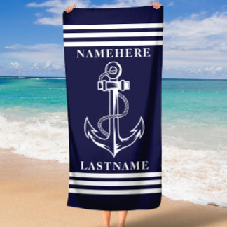 Individuelle Name für Navy Blue Anchor und Stripes Strandtuch