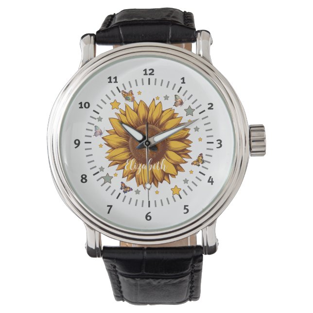 Individuelle Name für Retro-Sonnenblumengeschenk Armbanduhr (Vorderseite)