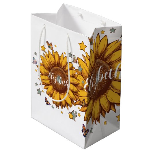 Individuelle Name für Retro-Sonnenblumengeschenk Mittlere Geschenktüte (Rückseite Schrägansicht)