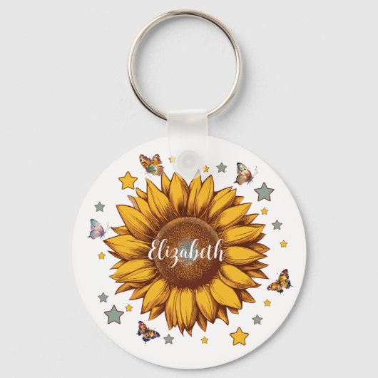Individuelle Name für Retro-Sonnenblumengeschenk Schlüsselanhänger (Vorderseite)