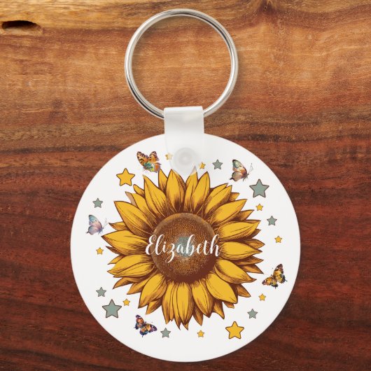 Individuelle Name für Retro-Sonnenblumengeschenk Schlüsselanhänger (Vorderseite)
