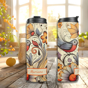 Individuelle Name für Taube und Blumendesign Summe Thermosbecher