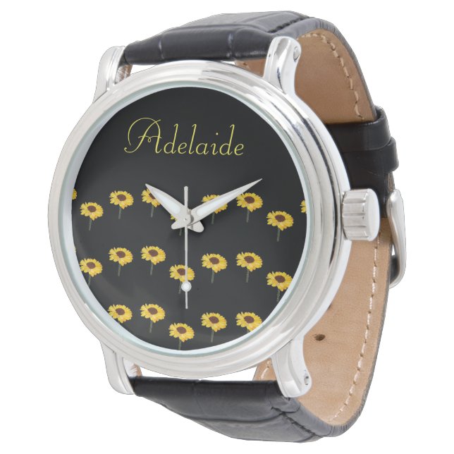 Individuelle Name Gelbe Sonnenblumen auf schwarz Armbanduhr (Schrägansicht)
