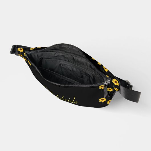 Individuelle Name Gelbe Sonnenblumen auf schwarz Bauchtasche (Offen)