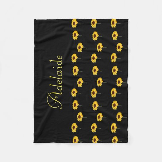 Individuelle Name Gelbe Sonnenblumen auf schwarz Fleecedecke (Vorderseite)