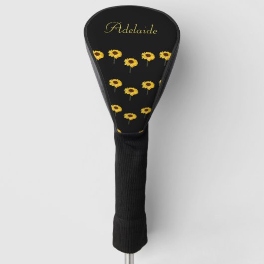 Individuelle Name Gelbe Sonnenblumen auf schwarz Golf Headcover (Vorderseite)