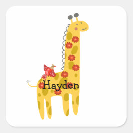 Individuelle Name Giraffe & Bird Blume Gelb Rot Quadratischer Aufkleber