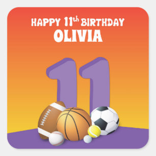 Individuelle Name Girl 11. Geburtstag Sportbälle Quadratischer Aufkleber