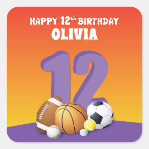 Individuelle Name Girl 12. Geburtstag Sportbälle Quadratischer Aufkleber