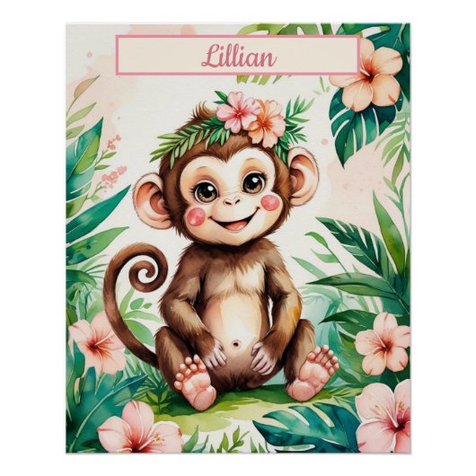 Individuelle Name Girl Kinderzimmer Baby Monkey Poster (Vorderseite)